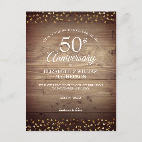 Change the Date 50th Wedding Anniversary Rustic Announcement Postcard