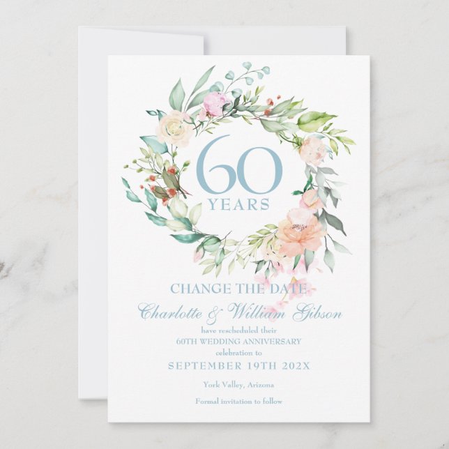Change the Date 60th Anniversary Roses Garland Invitation (Front)