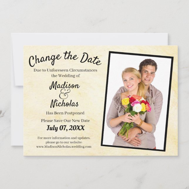 Change the Date Add Photo Wedding Beige Parchment Save The Date (Front)