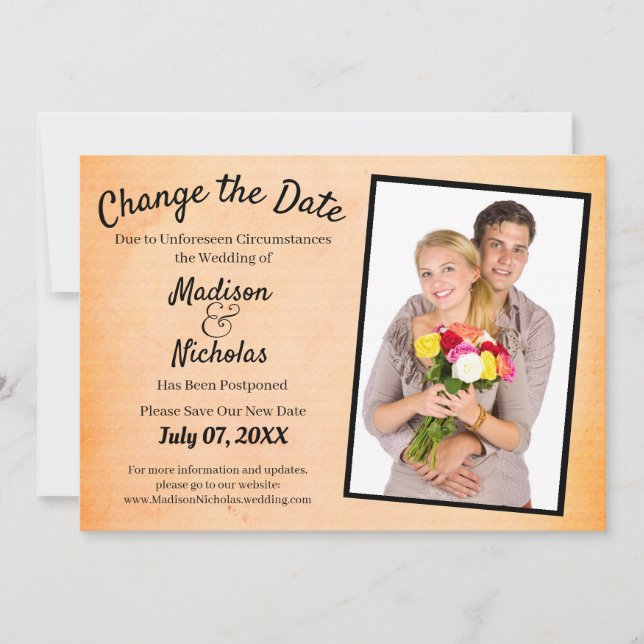 Change the Date Add Photo Wedding Orange Parchment Save The Date (Front)