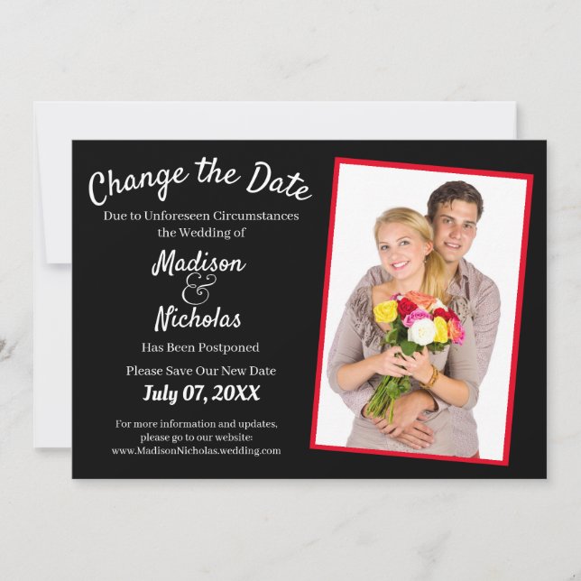 Change the Date Add Photo Wedding Postponed Black Save The Date (Front)