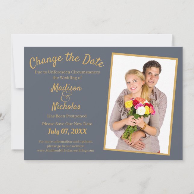Change the Date Add Photo Wedding Postponed Grey Save The Date (Front)