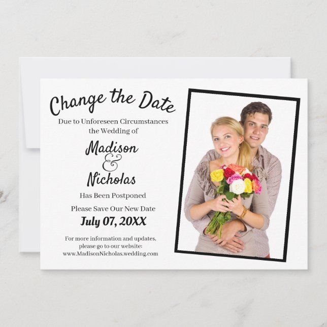 Change the Date Add Photo Wedding Postponed White Save The Date (Front)