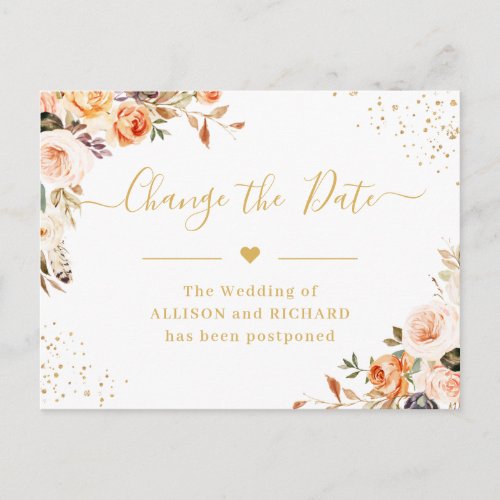 Change the Date Autumn Gold Floral Postponed Postcard - Event Postponed Announcement Template - Autumn Gold Floral Change the Date Postcard. 
(1) For further customization, please click the "customize further" link and use our design tool to modify this template.
(2) If you need help or matching items, please contact me.