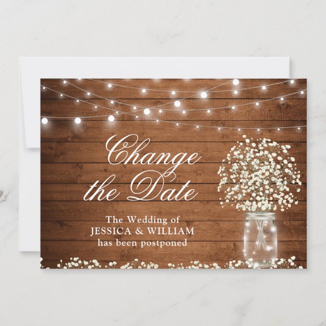 Change the Date Baby's Breath String Lights Rustic Invitation (Front)