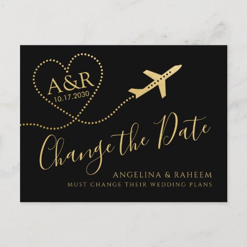 Change the Date Black Gold Destination Wedding  Announcement Postcard