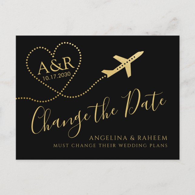 Change the Date Black Gold Destination Wedding  Announcement Postcard (Front)