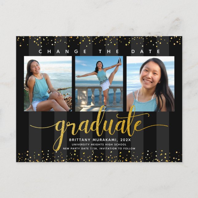 Change the date black gold graduation photo modern invitation postcard (Front)