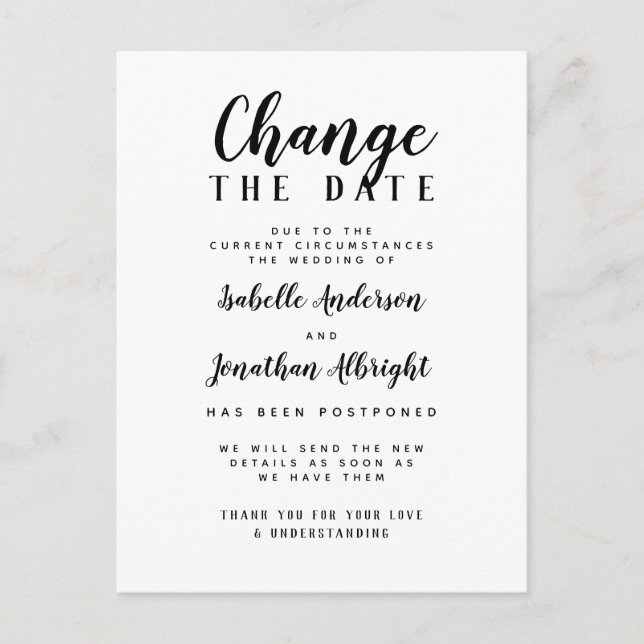 Change The Date Black & White Postponed Wedding Invitation Postcard (Front)