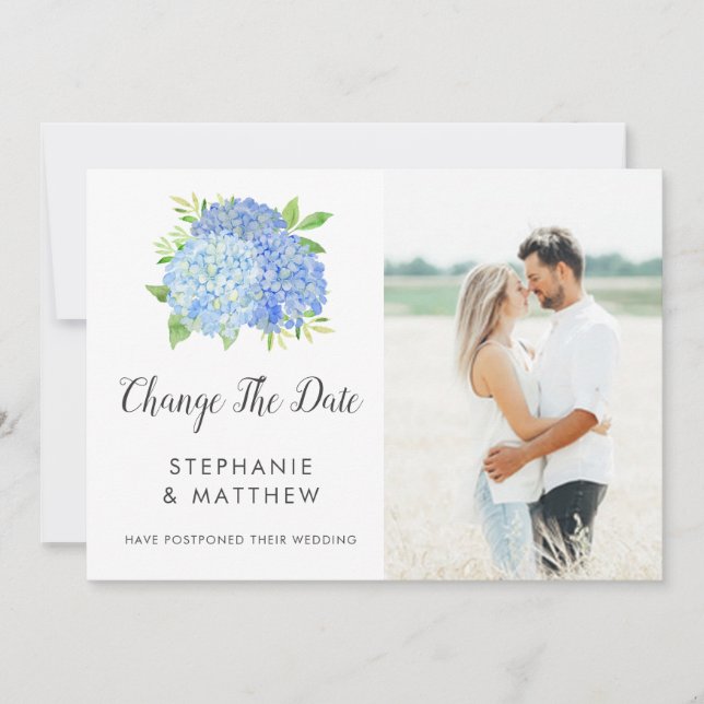 Change The Date Blue Hydrangea Wedding Save The Date (Front)
