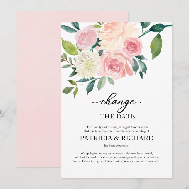 Change The Date Blush Floral Wedding Postponement Invitation (Front/Back)