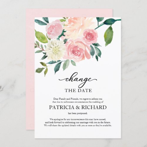 Change The Date Blush Floral Wedding Postponement Invitation