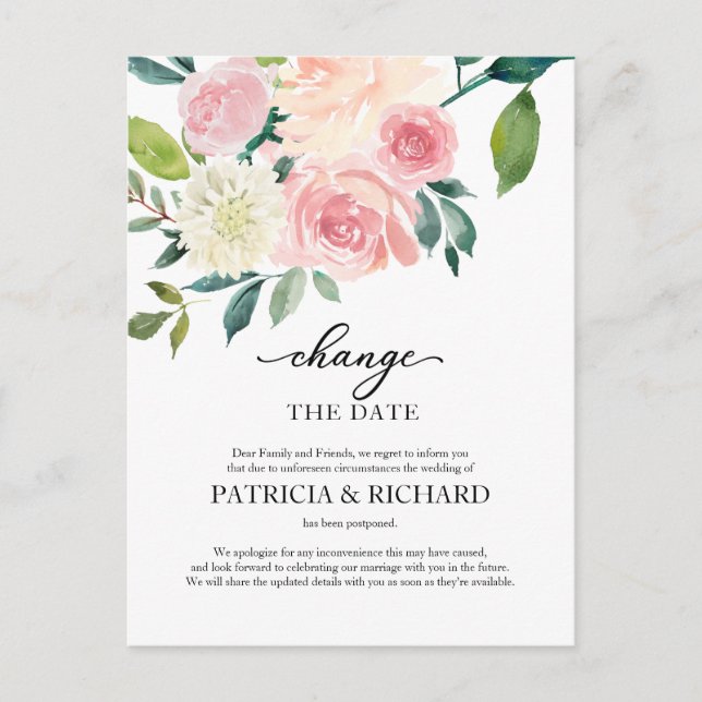 Change The Date Blush Floral Wedding Postponement Postcard (Front)