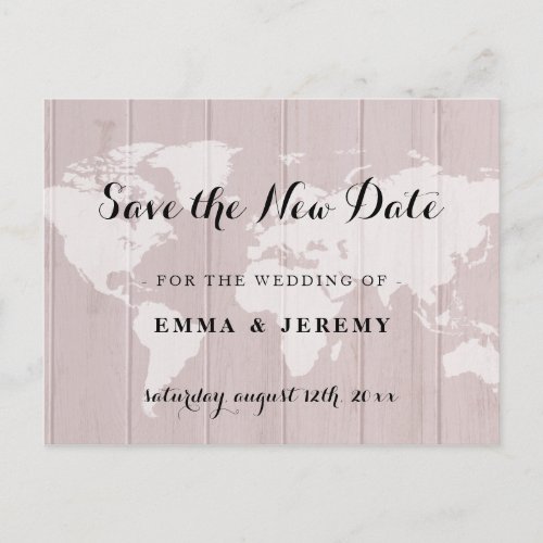 Change the date blush world map wedding postcard