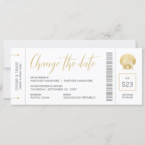 Change the Date Boarding Pass Gold Seashell Save The Date