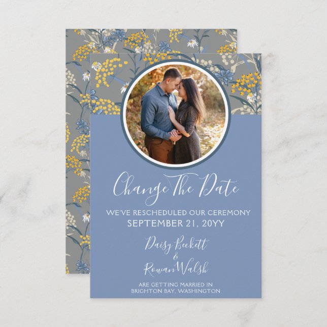 Change The Date Botanical Daisy Reschedule Wedding Invitation (Front/Back)