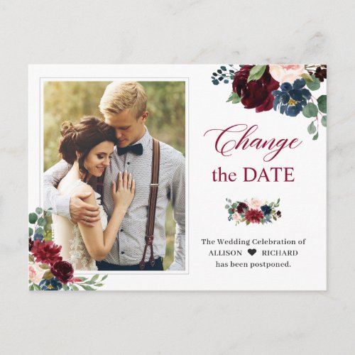 Change the Date Burgundy Blush Navy Floral Photo Postcard - Event Postponed Announcement Template - Rustic Burgundy Blush Navy Blue Floral Change of Date Photo Postcard. 
(1) For further customization, please click the "customize further" link and use our design tool to modify this template.
(2) If you need help or matching items, please contact me.