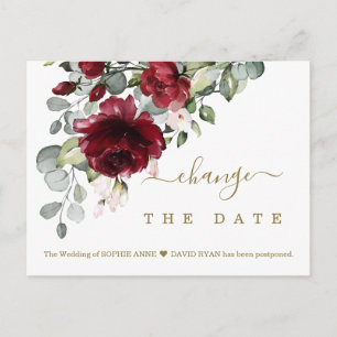Change The Date Burgundy Flowers Wedding Postcard