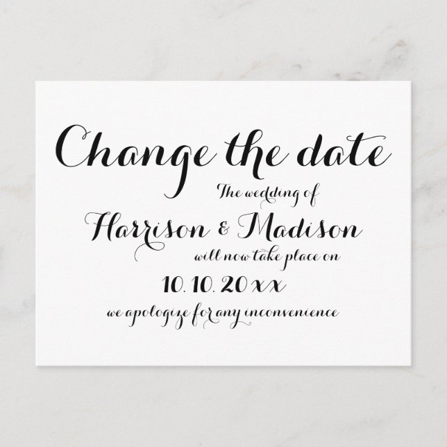 Change the Date, Calligraphy Wedding Announcement Postcard (Front)