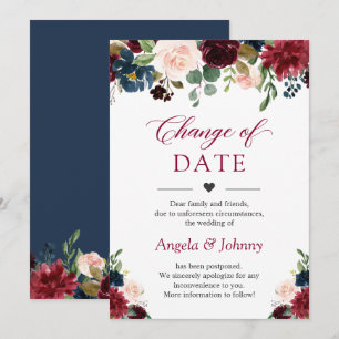 Change the Date Chic Burgundy Navy Blue Flowers Invitation