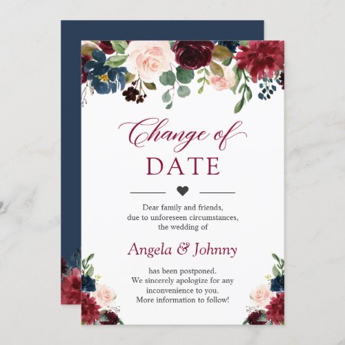 Change the Date Chic Burgundy Navy Blue Flowers Invitation - Event Postponed Announcement Template - Change of Date Geometric Eucalyptus Leaves Card.
(1) For further customization, please click the "customize further" link and use our design tool to modify this template.
(2) If you need help or matching items, please contact me.