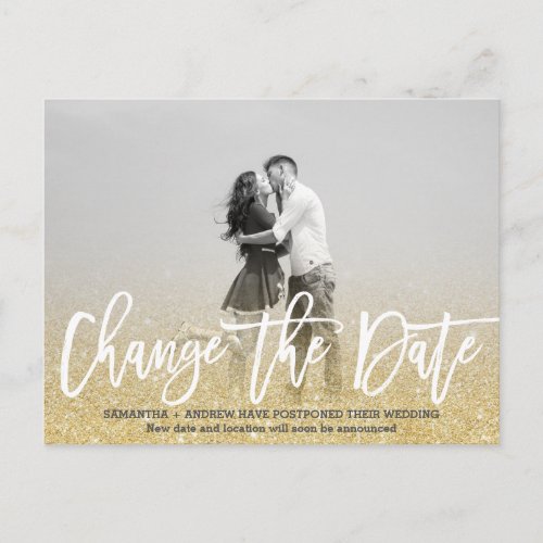 Change the Date chic gold glitter photo wedding Announcement Postcard