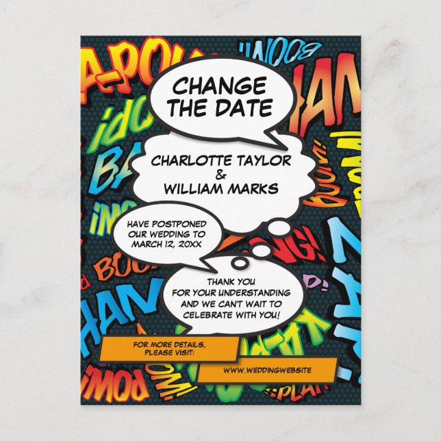 Change the Date Comic Book Wedding Postponement Announcement Postcard (Front)
