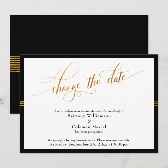 Change the Date Elegant Black w/ Gold Stripe Card (Front/Back)