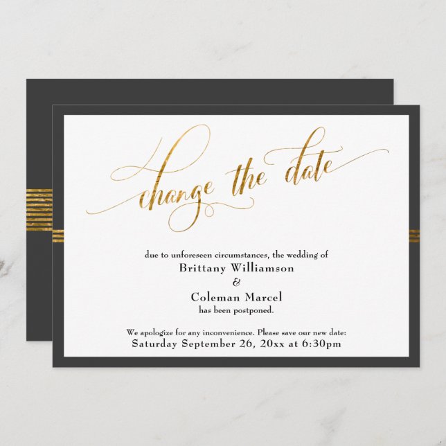 Change the Date Elegant Dark Gray Gold Stripe Card (Front/Back)
