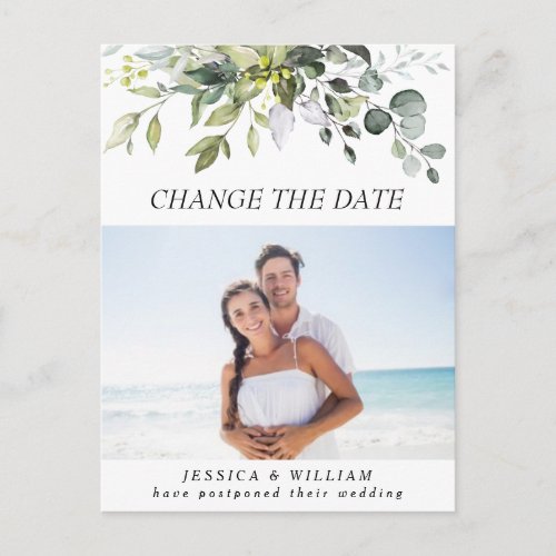 Change the Date Elegant Eucalyptus PHOTO Wedding Postcard