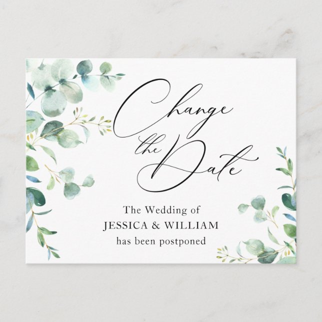 Change the Date Elegant Eucalyptus Wedding Postcard (Front)