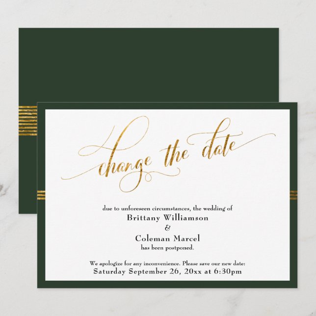 Change the Date Elegant Green w/ Gold Stripe Card (Front/Back)