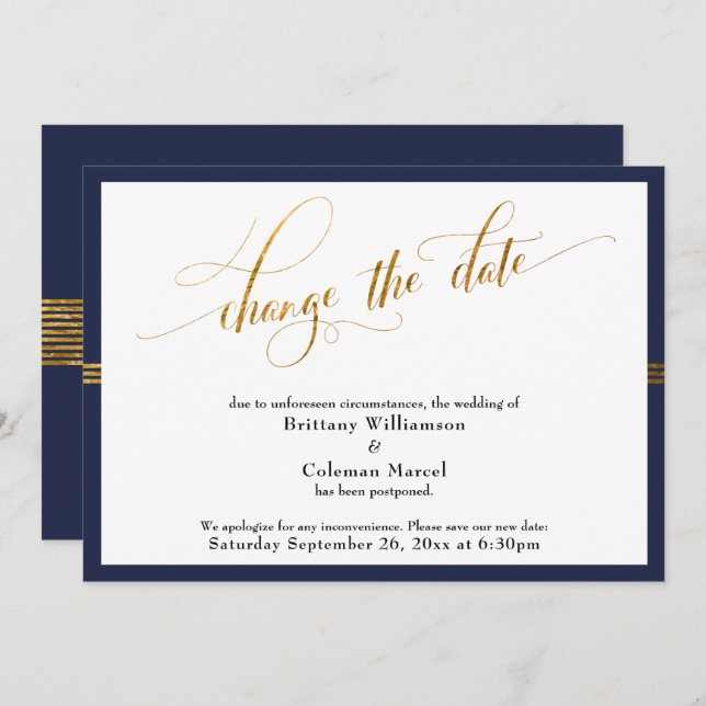Change the Date Elegant Navy w/ Gold Stripe Card (Front/Back)