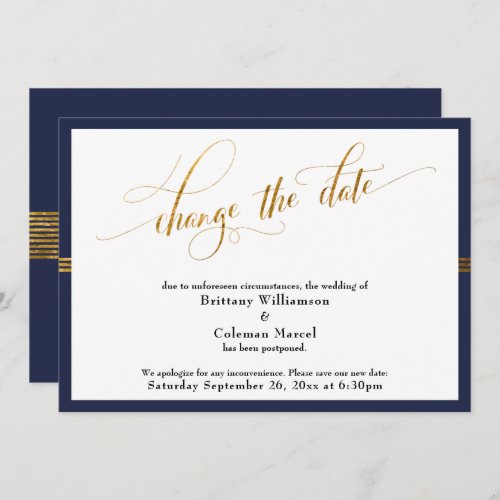 Change the Date Elegant Navy w Gold Stripe Card