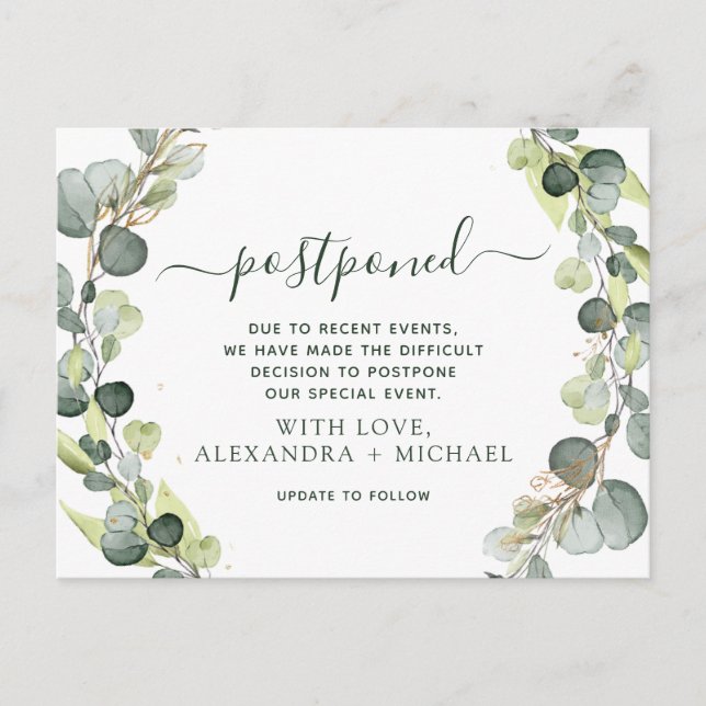 Change the Date Eucalyptus Greenery Postponed Announcement Postcard (Front)