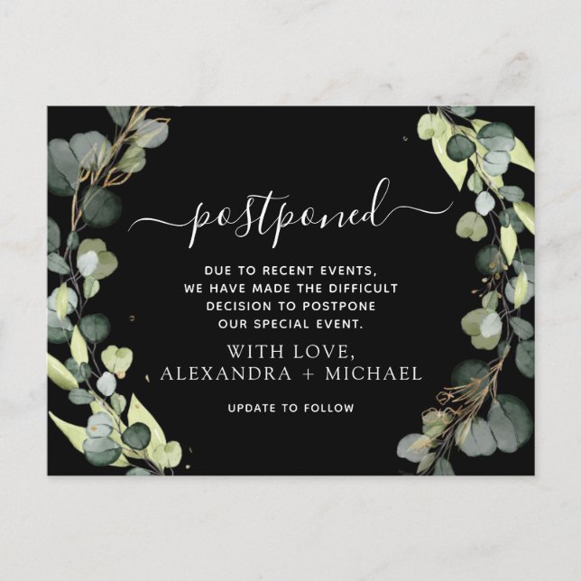 Change the Date Eucalyptus Greenery Postponed Announcement Postcard (Front)
