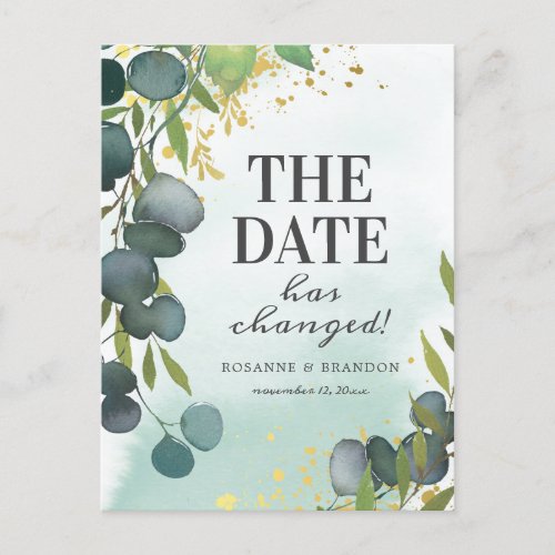 Change the Date Eucalyptus Wedding Update Announcement Postcard - Elegant green wedding change the date postcards featuring a rustic faded watercolor washed out background, botanical eucalyptus leaves, splashes of faux gold foil, and a simple wedding postponement announcement template that is easy to personalize.