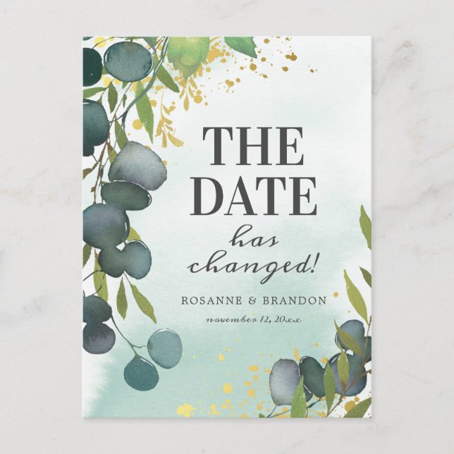 Change the Date Eucalyptus Wedding Update Announcement Postcard (Front)