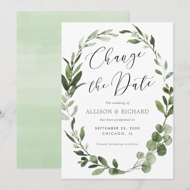 Change the date Eucalyptus wreath greenery simple Invitation (Front/Back)
