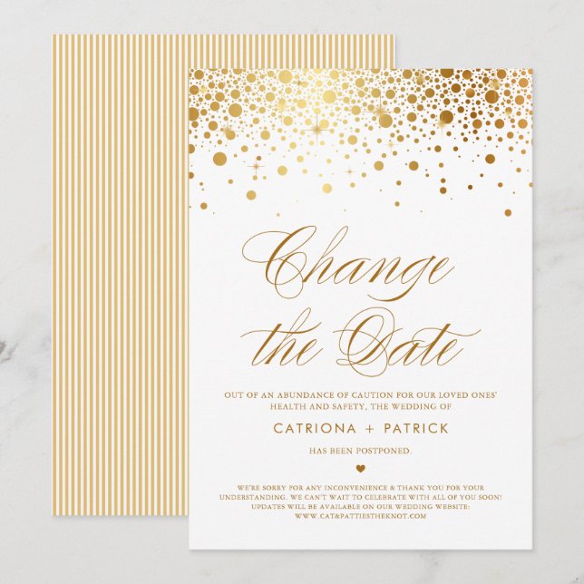 Change the Date Gold Foil Confetti Postponed Invitation (Front/Back)