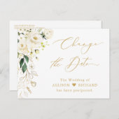 Change the Date Gold Script Green and White Floral Postcard (Front/Back)
