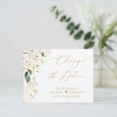 Change the Date Gold Script Green and White Floral Postcard (Standing Front)