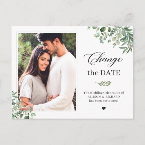 Change the Date Greenery Eucalyptus Leaves Photo Postcard - Event Postponed Announcement Template - Greenery Eucalyptus Leaves Change the Date Photo Postcard. 
(1) For further customization, please click the "customize further" link and use our design tool to modify this template.
(2) If you need help or matching items, please contact me.