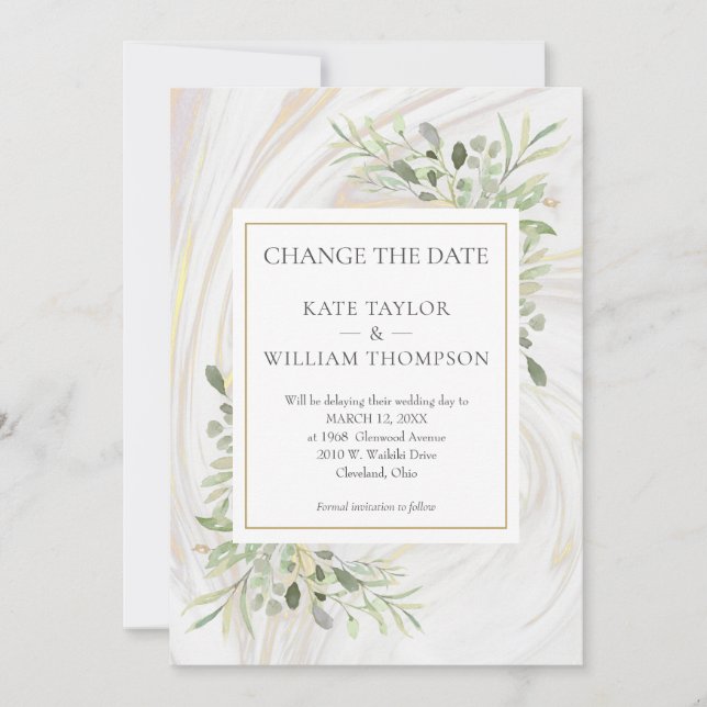 Change the Date Greenery Leaves Marble Swirl Save The Date (Front)