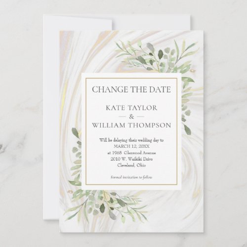 Change the Date Greenery Leaves Marble Swirl Save The Date
