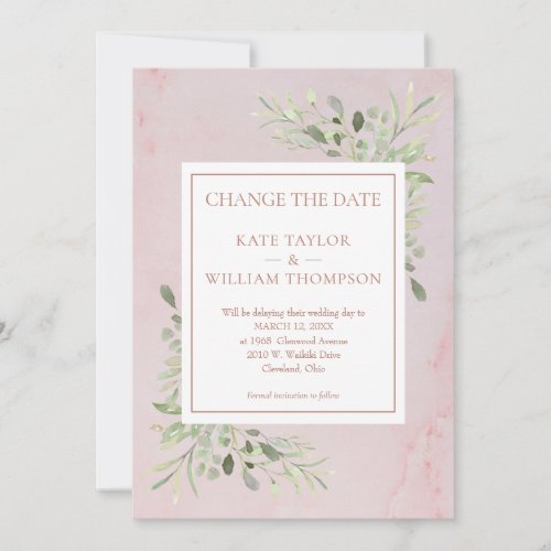 Change the Date Greenery Leaves Rose Gold Marble Save The Date