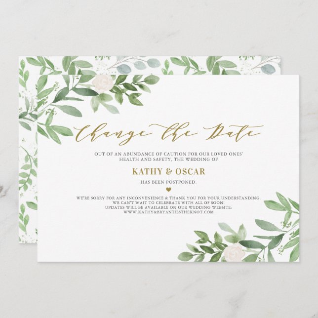 Change the Date Greenery Wedding Postponement Invitation (Front/Back)