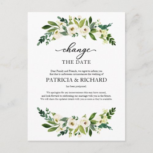 Change The Date Greenery Wedding Postponement Postcard