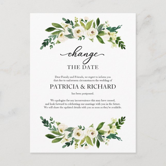 Change The Date Greenery Wedding Postponement Postcard (Front)