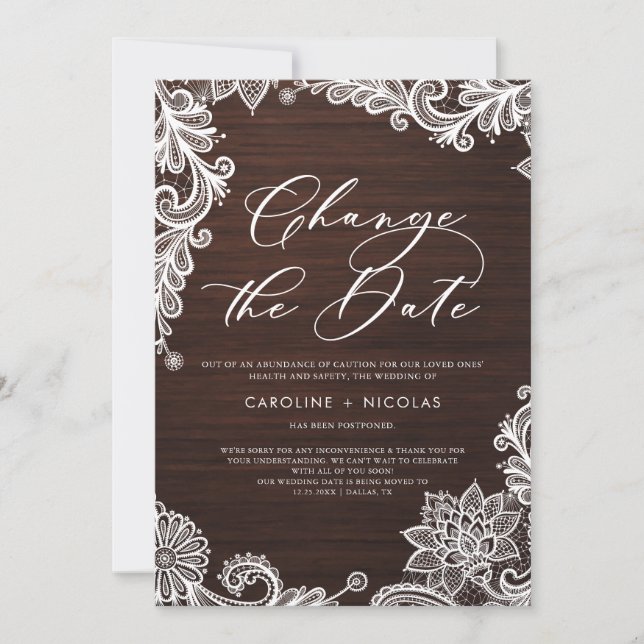 Change the Date Lace Rustic Wood Postponement Invitation (Front)